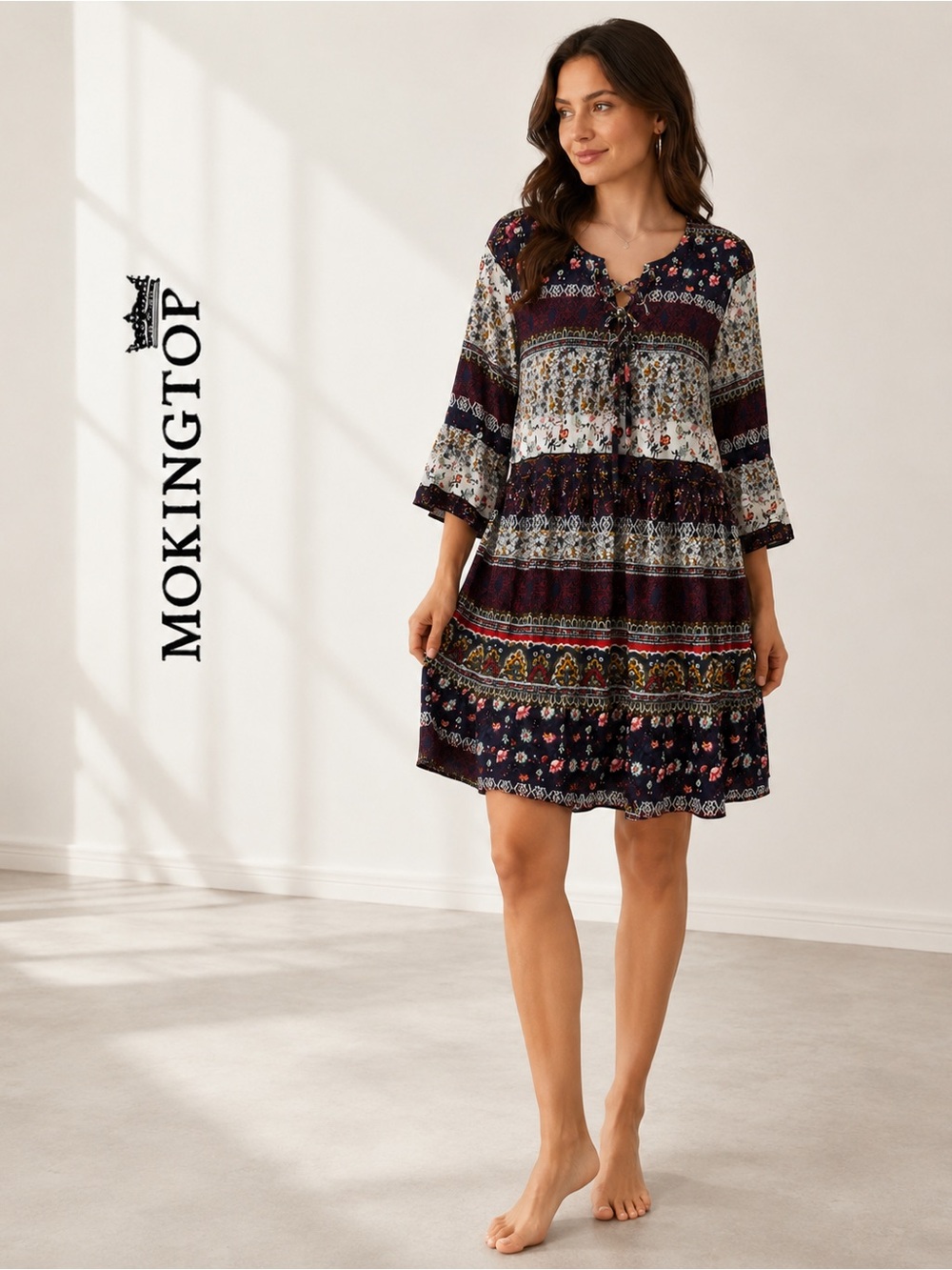 NWT MOKINGTOP Boho Floral Paisley Peasant Dress Lace-Up Cotton Blend | Small